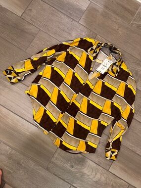 Zara Geometric Print Button-Up Shirt in Yellow, Brown & Tan